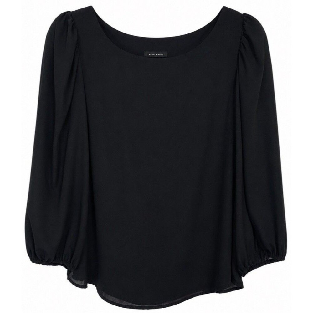 Alex Marie Women’s Black Puff Sleeve Blouse Size M Scoop Neck Career Dressy Top
